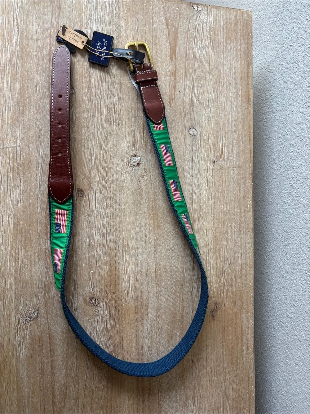 NWT Green American Flag Ribbon Belt with Brown Leather Trim